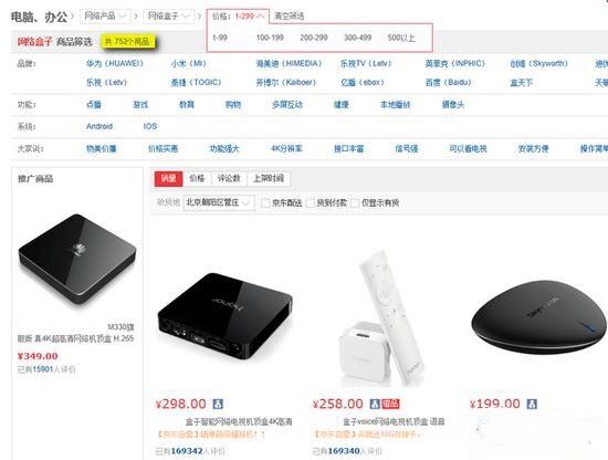 搜索300元以下價格的智能電視盒，數量達到了752款