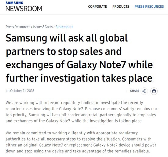 三星Note7停售后 建議用戶關機停止使用