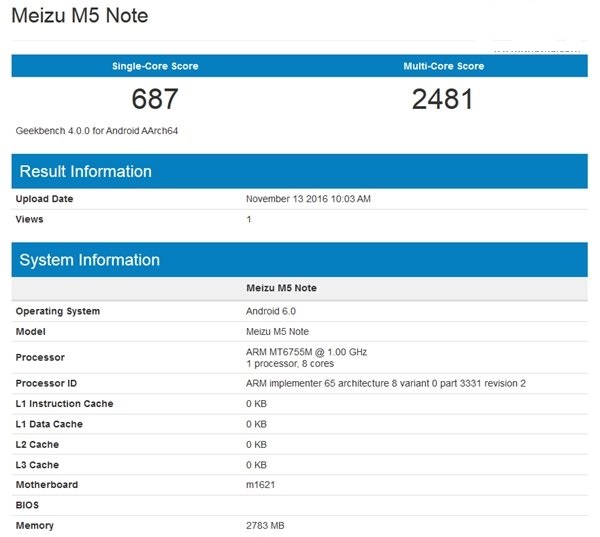 魅藍Note5現(xiàn)身Geekbench:聯(lián)發(fā)科P10<a href=/tags/86-0.html target=_blank class=infotextkey>處理器</a>+3GB運存