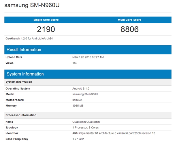三星Galaxy Note9現身Geekbench:驍龍845+安卓8.1