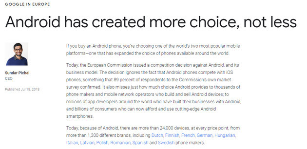 谷歌CEO:Android可能無法保持免費 因為歐盟的處罰
