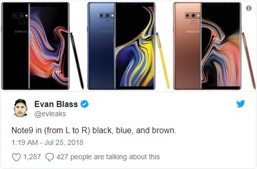 三星Galaxy Note 9三色曝光:機身與手寫筆繼續混搭